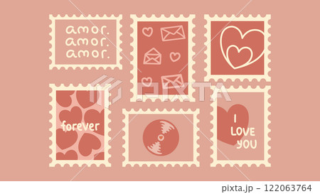 Retro stamps for Valentine's Day.Hearts, letters,envelopes,amor,text,vinyl record.Poster and cards.Holiday days.I love you.Romance, falling in love. 122063764
