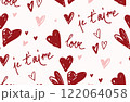 Romantic vector seamless hand drawn pattern, textile fabric print, background, wrapping paper design. Elegant, modern, simple and cute red, pink ink hearts, love lettering, Valentine's Day calligraphy 122064058