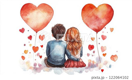 赤いハートデザインに若いカップルの後ろ姿が描かれた愛をテーマにした水彩イラスト素材 赤いハートデザインに若いカップルの後ろ姿が描かれた愛をテーマにした水彩イラスト素材 122064102