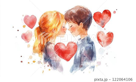 恋愛やバレンタインをテーマにした向かい合うカップルと赤いハートのイラストデザイン 恋愛やバレンタインをテーマにした向かい合うカップルと赤いハートのイラストデザイン 122064106