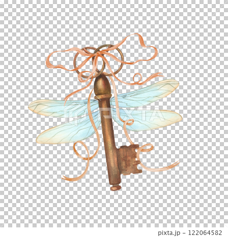 Fantasy vintage key with delicate dragonfly wings and tied with satin bow watercolor illustration isolated background. Fairy key with metal shabby texture in retro style. For poster, card design 122064582
