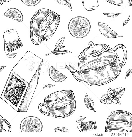 Seamless vector tea pattern featuring hand drawn cups, teapots, teabags, and leaves in black and white. Vintage line art design perfect for wrapping, packaging or textile prints. Elegant and editable Seamless vector tea pattern featuring hand drawn cups, teapots, teabags, and leaves in black and white. Vintage line art design perfect for wrapping, packaging or textile prints. Elegant and editable 122064715