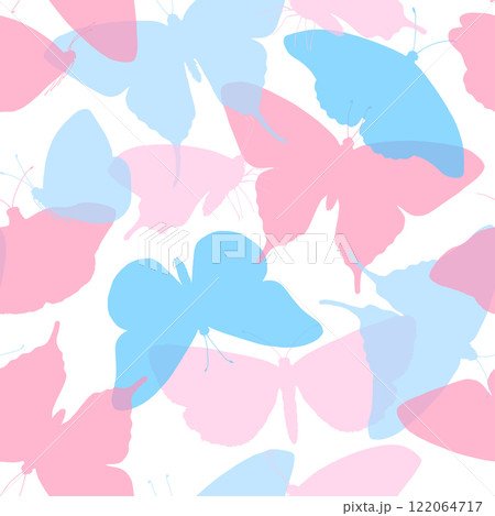 Seamless vector pattern of butterfly silhouettes in pastel pink and blue. Cute and abstract design for baby showers, birthdays, or floral themed wrapping. Simple and decorative with a spring vibe 122064717
