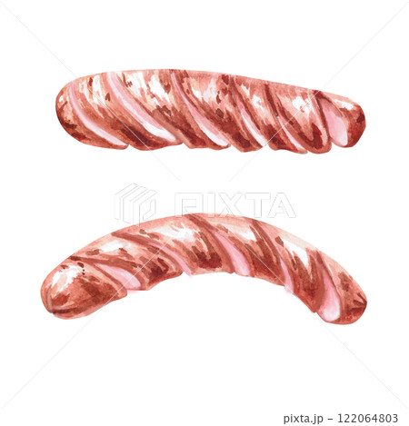 Grilled sausages. Isolated watercolor illustration on food theme in realistic style for restaurant menu design, cookbooks, cafes decoration 122064803