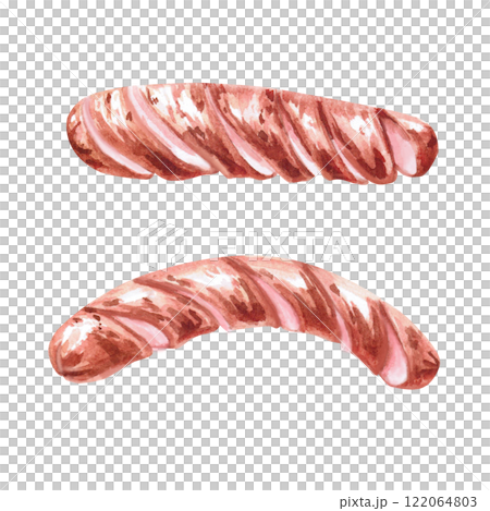 Grilled sausages. Isolated watercolor illustration on food theme in realistic style for restaurant menu design, cookbooks, cafes decoration 122064803