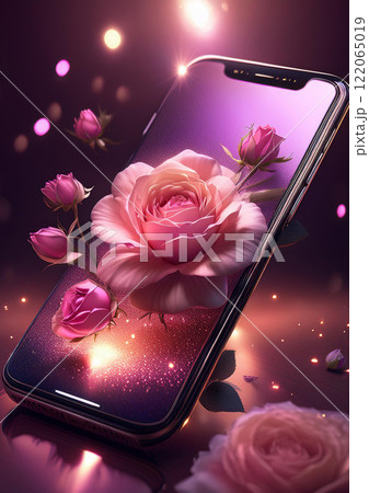 スマホから飛び出すピンクの薔薇 122065019