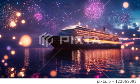 A Majestic Cruise Ship Elegantly Glides Through an Enchanting Colorful Fireworks Display 122065093