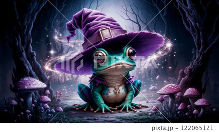An Enchanted Frog Wearing a Wizard Hat, Surrounded by a Magical and Mystical Forest 122065121
