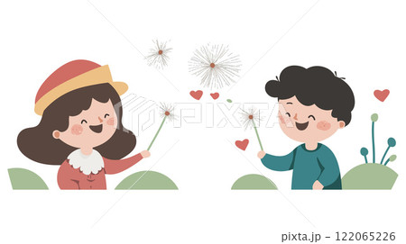 Children Playing with Dandelions in a Flat Style Vector Art 122065226