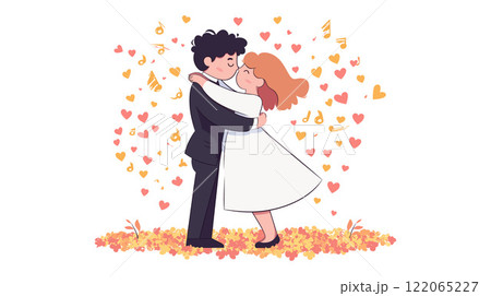 Couple Embracing in Love with Heart Motifs, Flat Vector Art 122065227