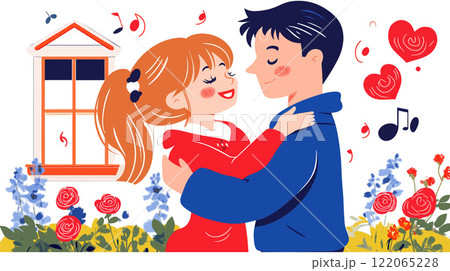 Embracing Couple in Love with Floral Background Minimal Vector Art 122065228