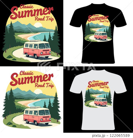 Retro Summer Road Trip T-Shirt Design with Camper Van 122065589