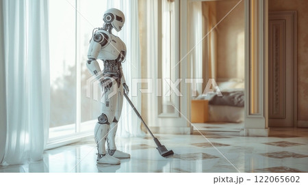 3D rendering of a humanoid robot operating a vacuum cleaner in a modern office or home living room. 3D rendering of a humanoid robot operating a vacuum cleaner in a modern office or home living room. 122065602