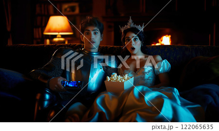 Knight and Princess Watching TV with Popcorn 122065635