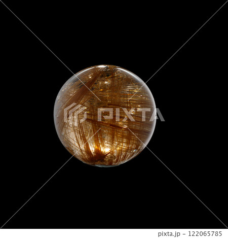 Ball of quartz with rutile on a black background 122065785