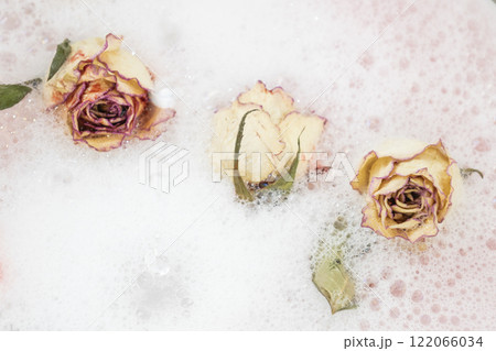 Dry flowers with foam and water. Buds Rose between bubbles from the soap. Dead roses in white foam 122066034
