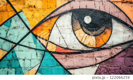 Colorful mural featuring a large eye design 122066259