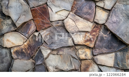 Natural stone wall with varied textures and colors 122066284