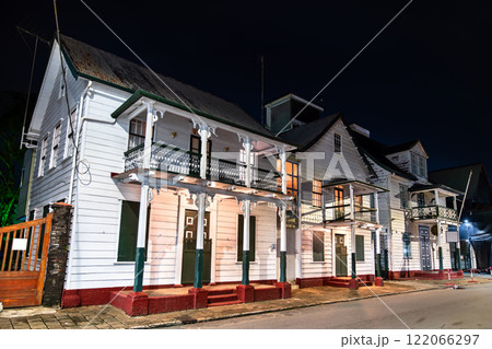 Traditional houses in the historic center of Paramaribo, UNESCO world heritage in Suriname, South America 122066297