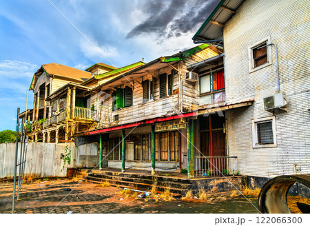 Abandoned building of Ministry of Justice and Police in the historic center of Paramaribo, the capital of Suriname in South America 122066300