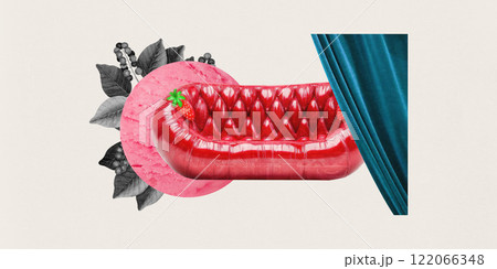 Glossy red sofa resembling strawberry, layered with green leaves and blue velvet curtain in surreal artistic composition. Contemporary art collage. 122066348