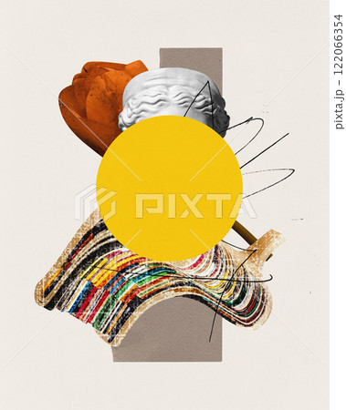 Antique statue bust, abstract furniture and yellow circle. Contemporary art collage. 122066354