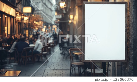 Blank outdoor sign on busy european street cafe scene at dusk. 122066370