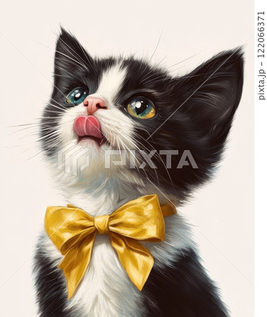 Adorable kitten with yellow bow tie licking nose. 122066371