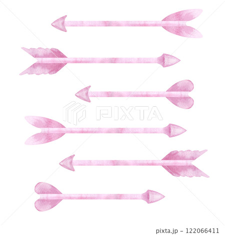 Cupid's soft pink arrow set. Design for February 14, Valentine's Day. Concept love. Hand-drawn watercolor illustration on white background. For confessions, cover, booklet, covers, postcards 122066411