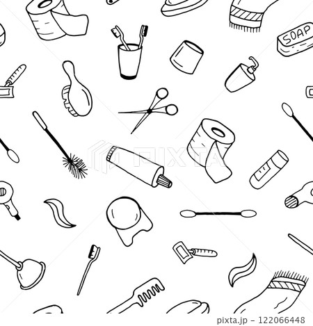 Bath accessories seamless pattern in doodle style. Bath accessories seamless pattern in doodle style. 122066448