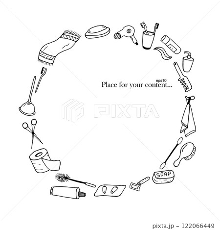 Hand drawn bath accessories frame. Doodle style. 122066449