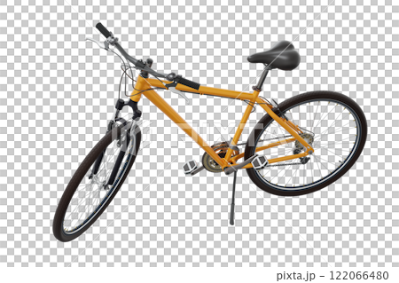 Orange bicycle standing on kickstand 122066480