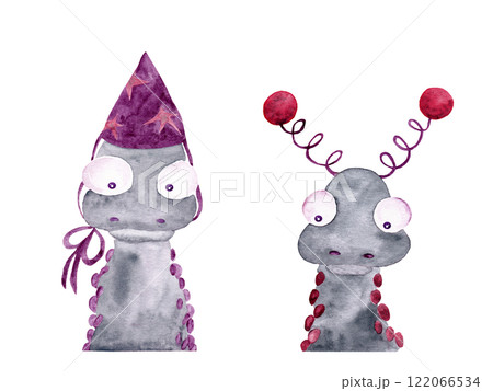 Christmas isolated watercolor illustration. Pair of snake portraits. With hat and fancy ears. Perfect for holiday decor, advent calendar and cards Christmas isolated watercolor illustration. Pair of snake portraits. With hat and fancy ears. Perfect for holiday decor, advent calendar and cards 122066534