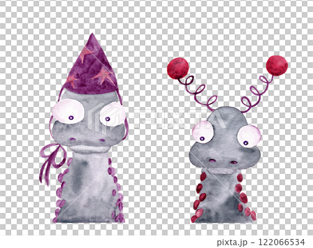 Christmas isolated watercolor illustration. Pair of snake portraits. With hat and fancy ears. Perfect for holiday decor, advent calendar and cards Christmas isolated watercolor illustration. Pair of snake portraits. With hat and fancy ears. Perfect for holiday decor, advent calendar and cards 122066534