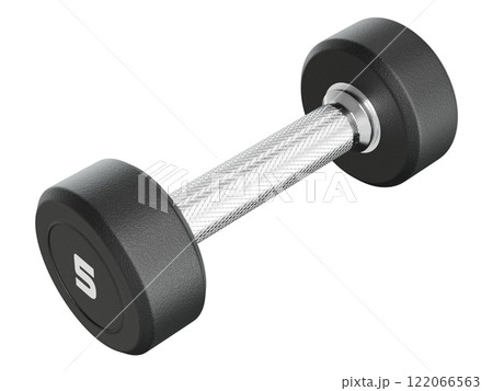 Blank Round Rubber Dumbbell with number 5, weightlifting gym equipment side view 122066563