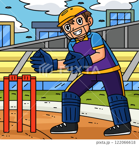 Cricket Wicket Keeper Crouching Colored Cartoon  122066618