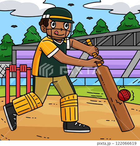 Cricket Player Hitting the Ball Colored Cartoon Cricket Player Hitting the Ball Colored Cartoon 122066619