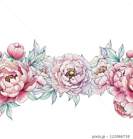 Soft pink peonies gracefully intertwine with lush green leaves, creating a serene atmosphere filled with delicate charm and artistic flair seamless pattern, ornament 122066738