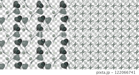 Green quatrefoil and abstract geometric ornament. Clover in green watercolor. Couple vintage seamless wallpaper. Artistic background. Floral print 122066741