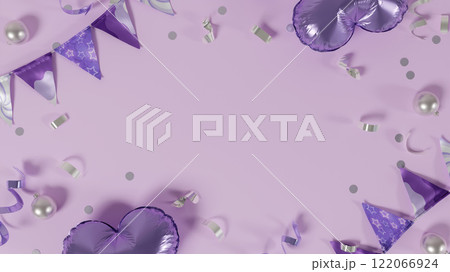 Purple party backdrop with heart balloons and bunting, 3D render. Purple party backdrop with heart balloons and bunting, 3D render. 122066924