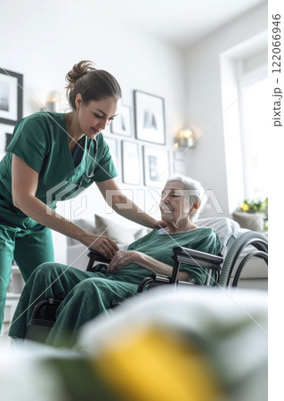 Compassionate caregiver assisting elderly woman at home health and wellness indoor environment intimate perspective Compassionate caregiver assisting elderly woman at home health and wellness indoor environment intimate perspective 122066946