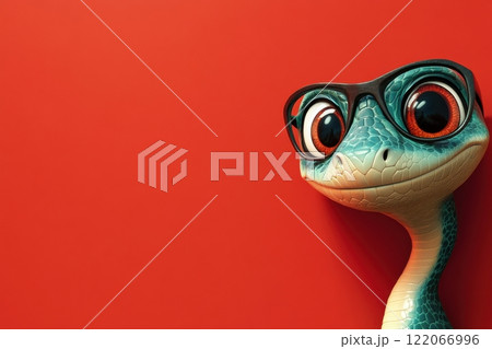Playful cartoon snake with glasses vibrant red background animated character close-up view whimsical concept 122066996