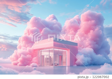 A pink building is surrounded by pink clouds 122067002