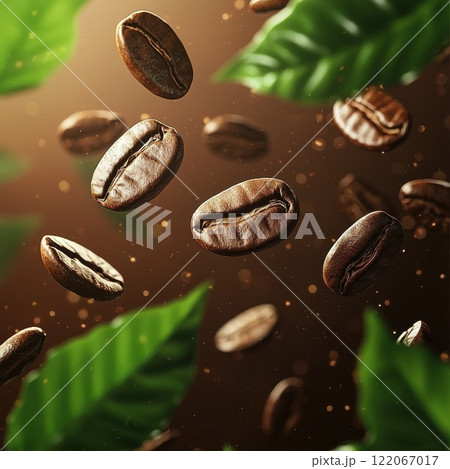 Floating coffee beans in lush green leaves nature close-up vibrant environment macro view coffee concept Floating coffee beans in lush green leaves nature close-up vibrant environment macro view coffee concept 122067017
