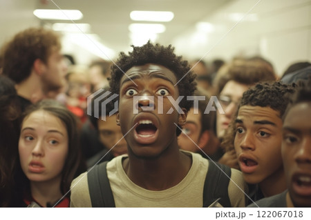 A group of people are standing in a crowded hallway A group of people are standing in a crowded hallway 122067018