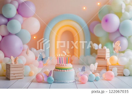 A birthday party with a rainbow arch and a cake with candles on it 122067035