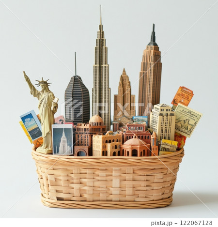 A basket filled with miniature buildings and a statue of liberty 122067128
