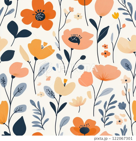 A colorful floral pattern with a blue and white background 122067301