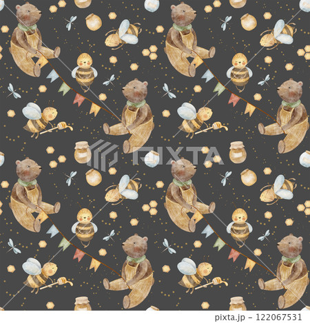 Watercolor seamless pattern bears holding a garland of flags, bees with jars flying around. Illustration is hand drawn in cartoon style. Print on a dark background fabric, textile, clothes, wallpaper 122067531