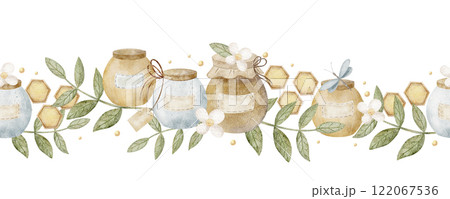 Seamless watercolor border of honey jar in leaves and flowers. Hand drawn illustration on white for packaging, greeting card, banner 122067536